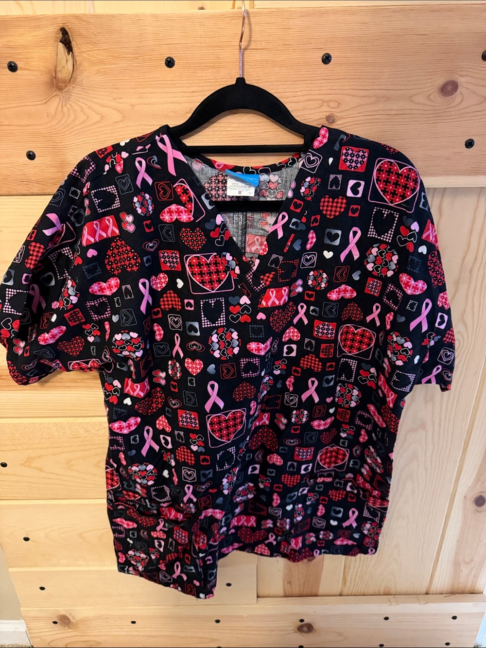HQ Black V-Neck Scrub Top with Pink Ribbon & Heart Print